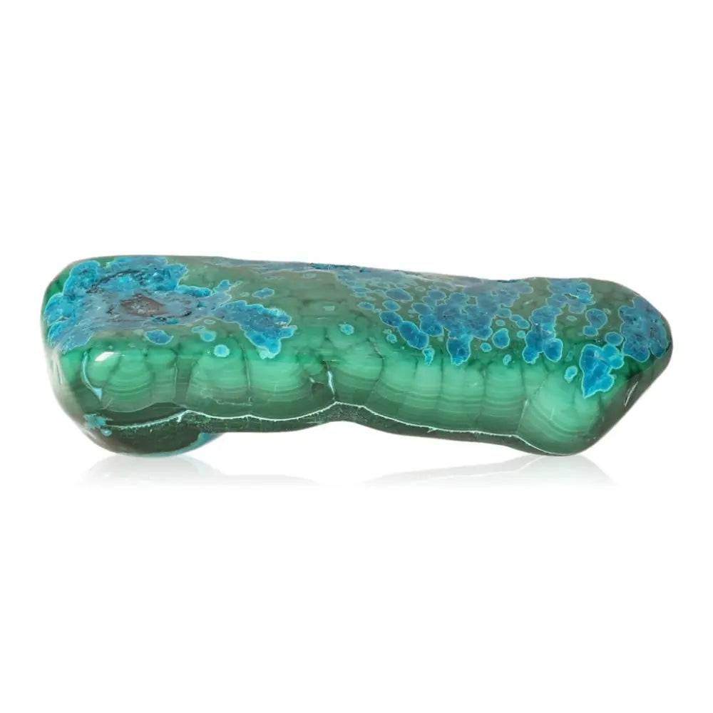 Blue Chrysocolla with Malachite gemstone, showcasing vivid blue and green tones, known for emotional healing and stress reduction.