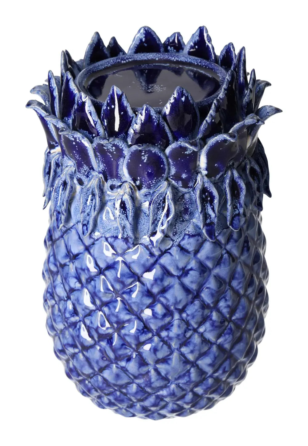Elegant blue stoneware candle holder with intricate detailing, measuring 13.5x13.5x21.5, from Sylvia Crystals collection.