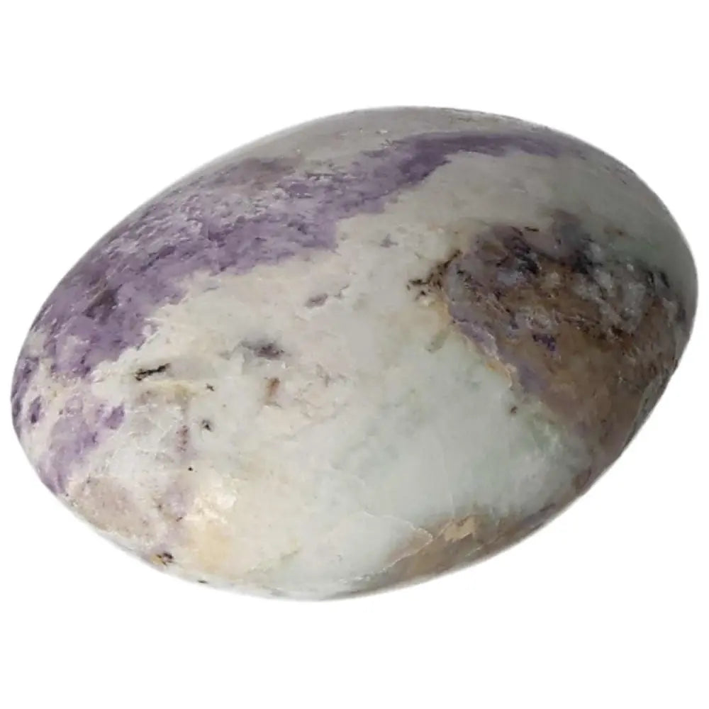 Polished Bolivianite palmstone with purple and white hues for crystal healing and meditation.