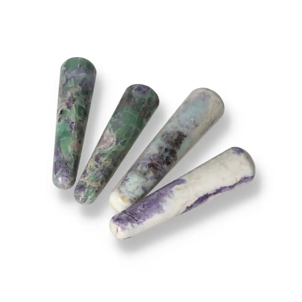 Set of four multicolored Bolivianite wands displayed on a white background