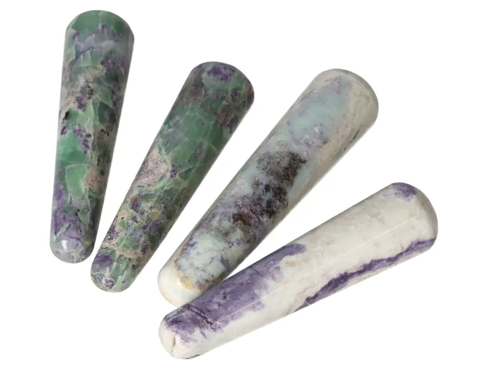 Bolivianite Wand M collection, featuring four multicolored healing crystals with vibrant green and purple hues on a white background.