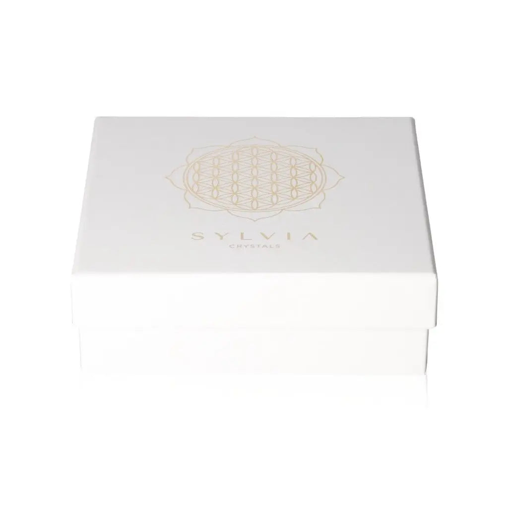 Elegant white box with a gold mandala design and Sylvia Crystals branding, ideal for storage or gift packaging.