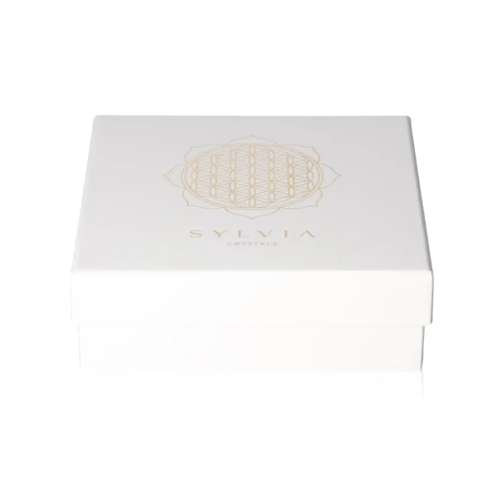 Elegant white box with Sylvia Crystals logo, featuring six storage sections inside.