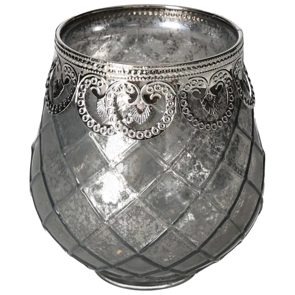 Elegant brown glass lantern with intricate silver detailing, perfect for adding a warm ambiance to any space, from Sylvia Crystals.