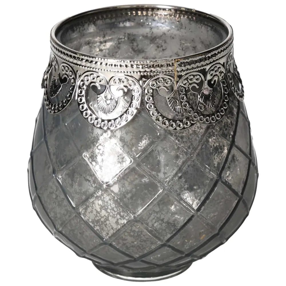Exquisite brown glass lantern with metallic detailing, crafted by Sylvia Crystals, casts a warm glow, perfect for adding elegance to any space.