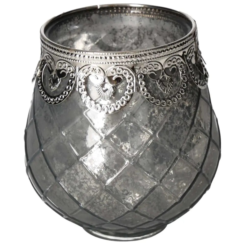 Elegant gray glass lantern with ornate silver detailing, featuring a quilted design and decorative heart patterns along the rim.