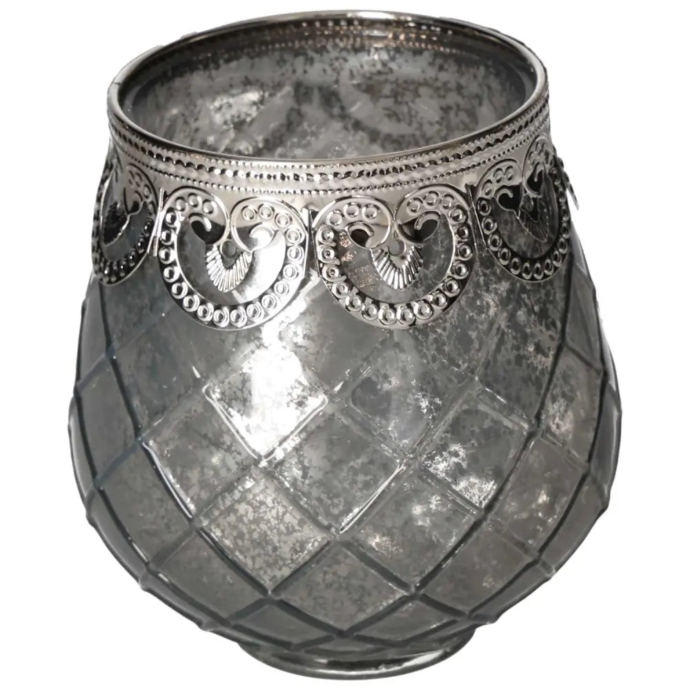 Luxurious brown glass lantern with intricate silver trim, perfect for enhancing home ambiance and spiritual elegance.