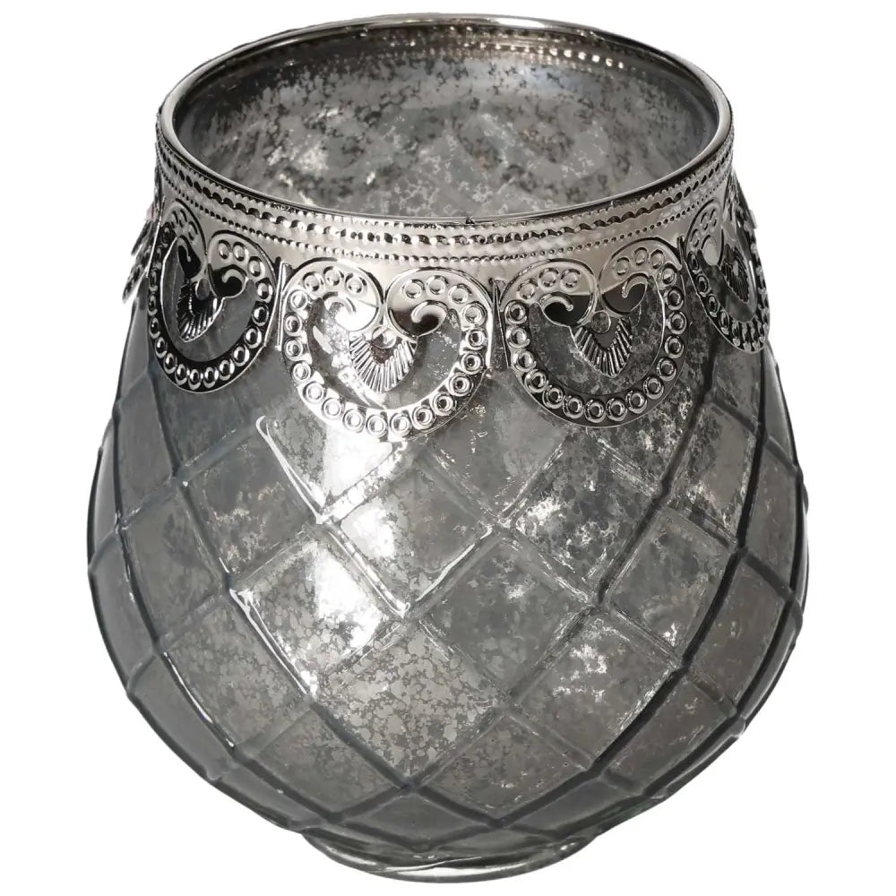 Elegant brown glass lantern with intricate metallic trim, casting a warm glow, perfect for enhancing luxury spaces by Sylvia Crystals.