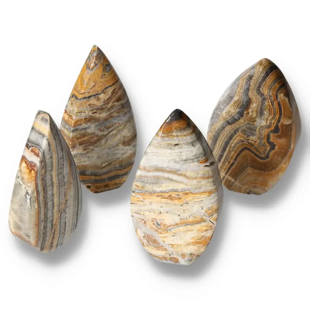 Four Bumblebee Onyx XL gemstones with striking yellow, black, and white bands, symbolizing strength and balance.