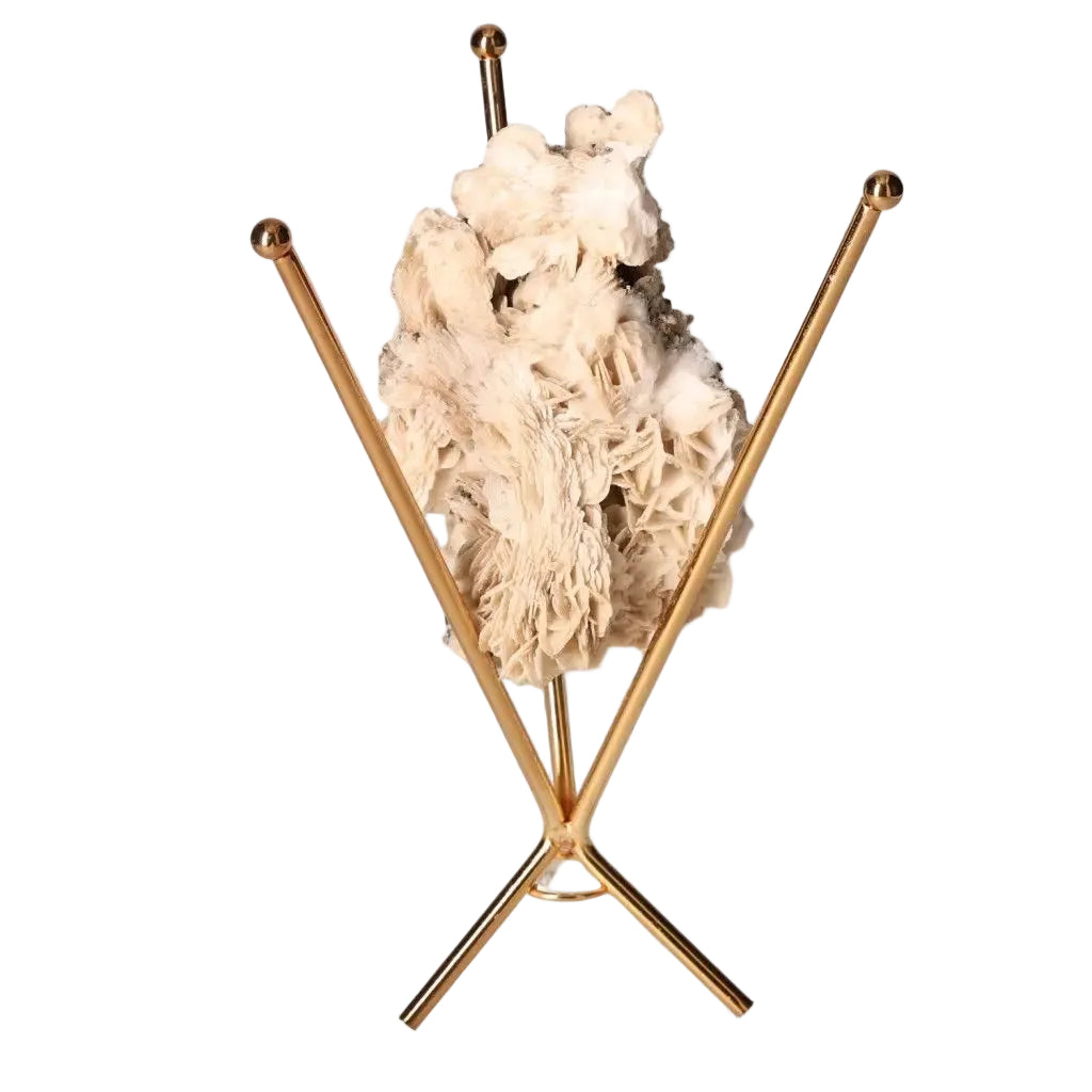 Premium Calcite crystal on elegant gold stand, enhancing decor and personal growth with Sylvia Crystals exclusive mineral.