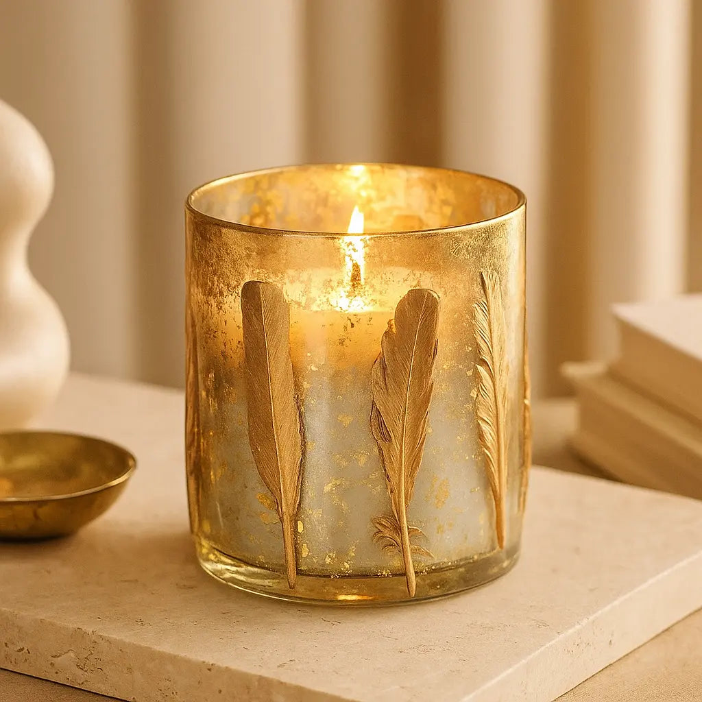 Candle Holder with Gold Feather Motif 10x10x13 cm – Luxurious Elegance and Warm Glow Sylvia Crystals Sp. z o.o.