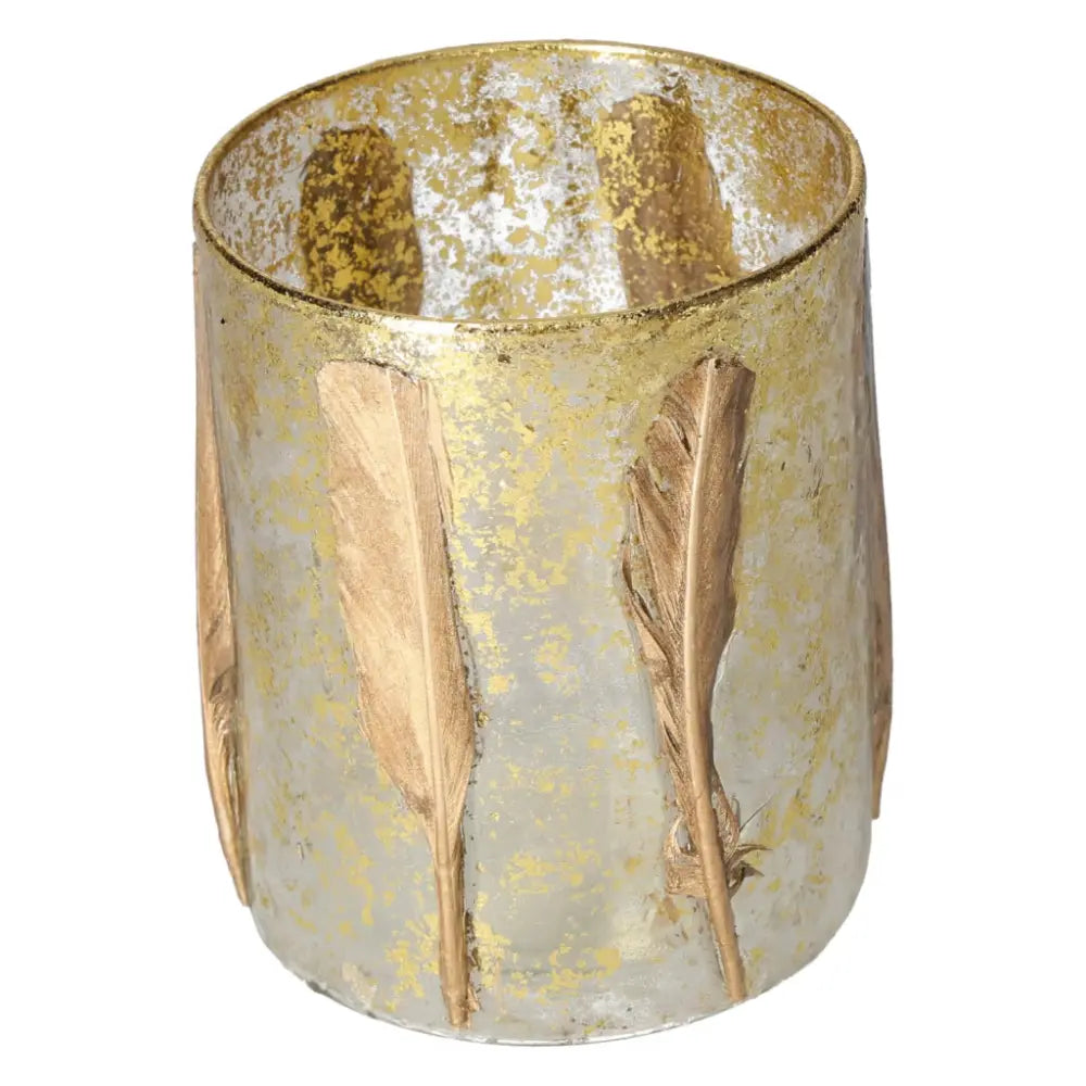 Luxurious Sylvia Candle Holder with Gold Feather Motif, 10x10x13, perfect for elegant home decor and conscious living.