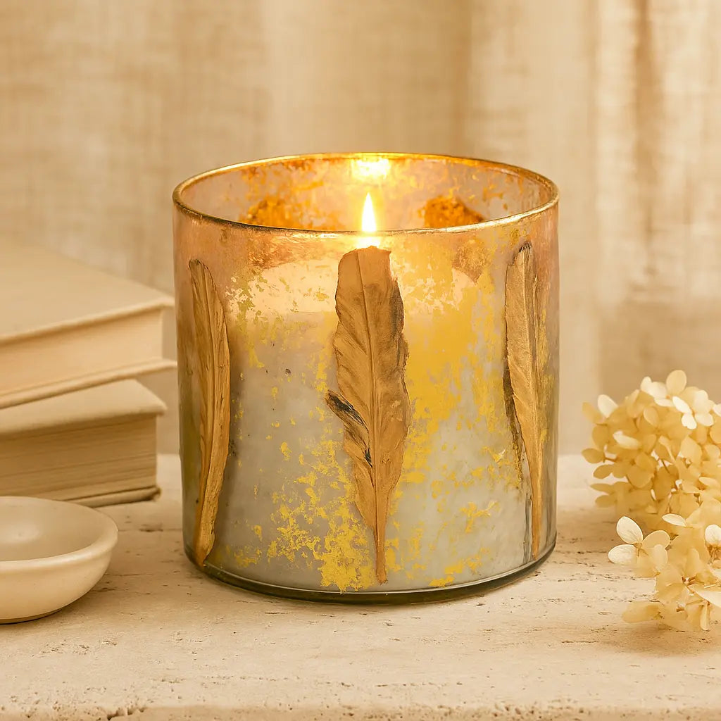 Candle Holder with Gold Feather Motif – Elegant Glow with a Touch of Grace Sylvia Crystals Sp. z o.o.