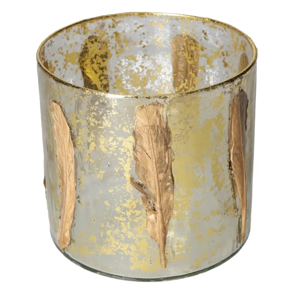 Luxurious candle holder with gold feather motif from Sylvia Crystals, showcasing elegant design and spirituality. Perfect for decor.
