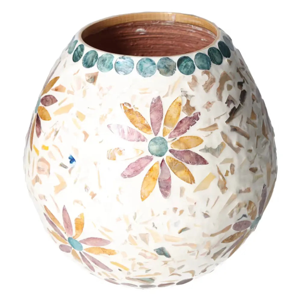 Capiz Style Vase with floral and geometric patterns, handmade from Sylvia Crystals, 21x21x20, reflecting luxury and craftsmanship.