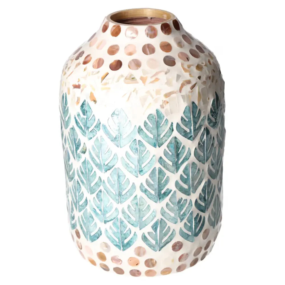 Capiz Style Vase by Sylvia Crystals with iridescent capiz shell finish and elegant leaf pattern.
