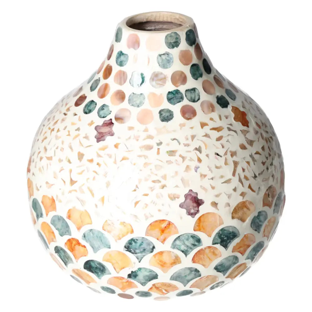 Capiz Style Vase featuring a shimmering shell finish in multicolor design, measuring 24x24x23, ideal for luxury and conscious decor.