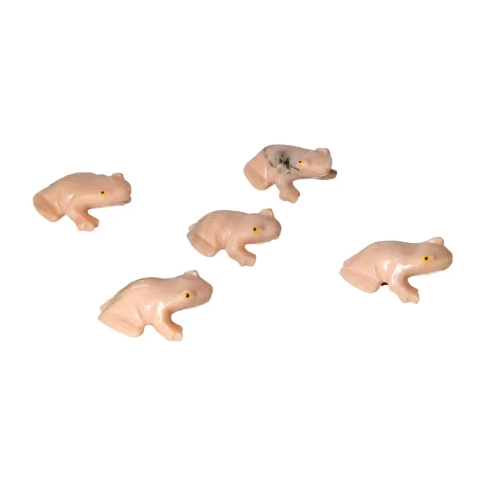 Five exquisitely carved dolomite frogs showcasing intricate designs, embodying themes of transformation and renewal in soft hues.