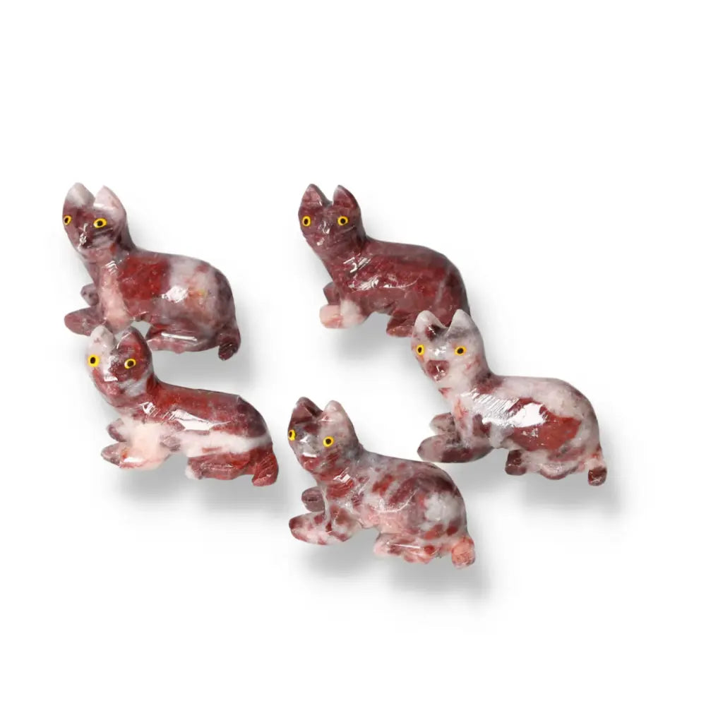 Five carved magnesite cats with a marbled brown and white finish, each showcasing distinct hand-crafted details, ideal for decor and meditation.