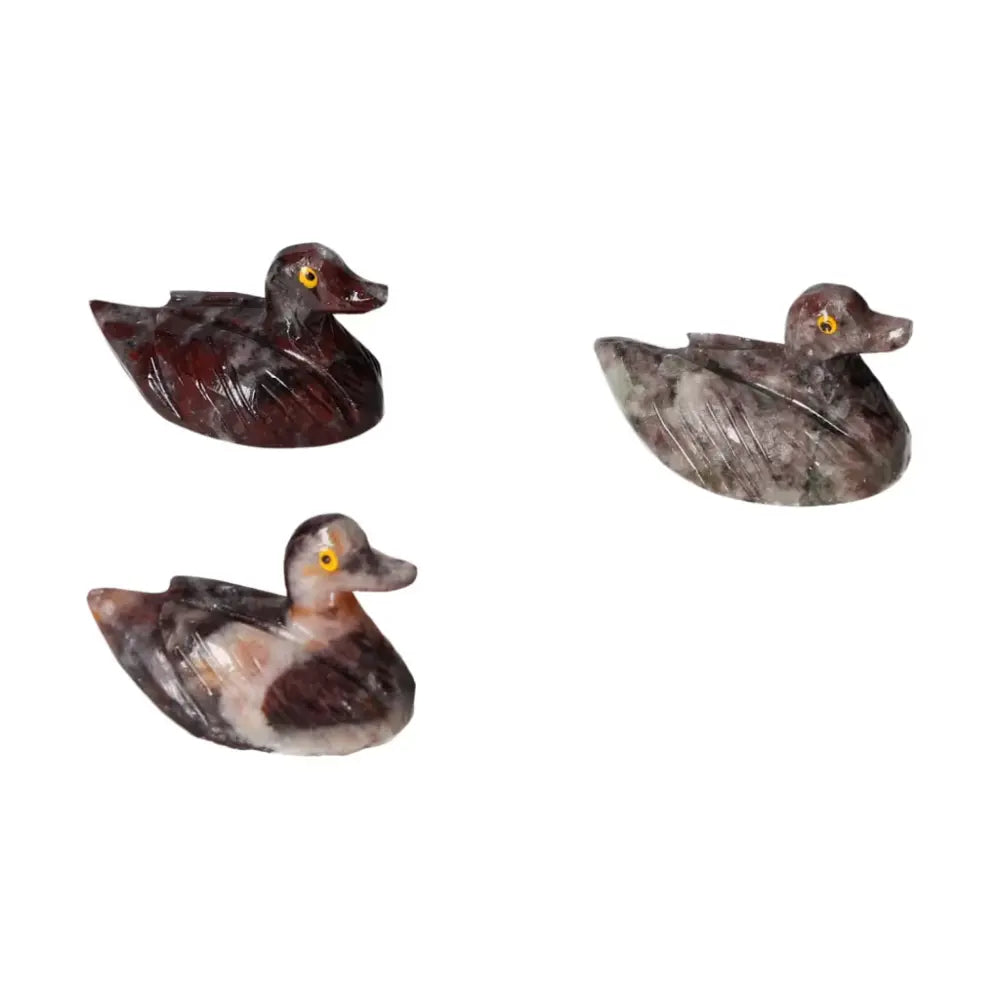 Set of three carved magnesite duck sculptures promoting peace and meditation, handcrafted by Sylvia Crystals.