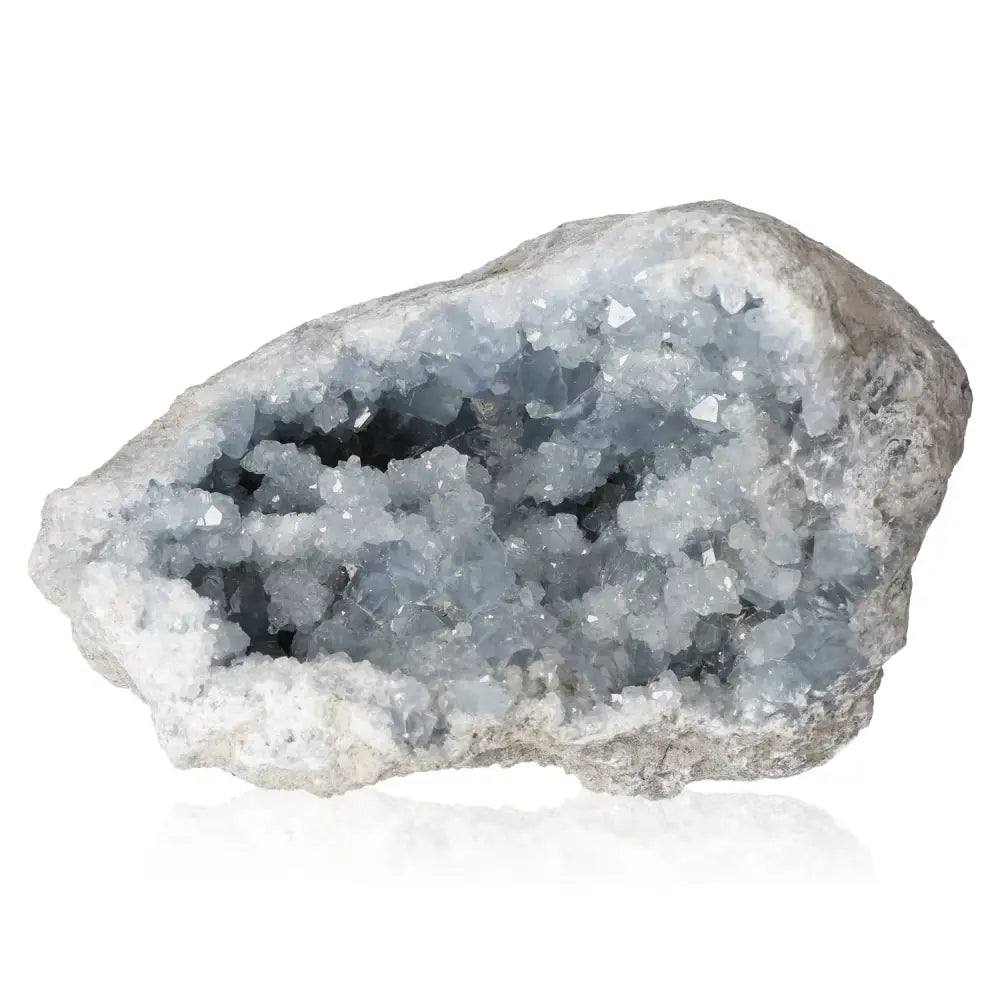 Celestite crystal geode showcasing its calming blue hues and serene energy, ideal for promoting peace and divine connection.