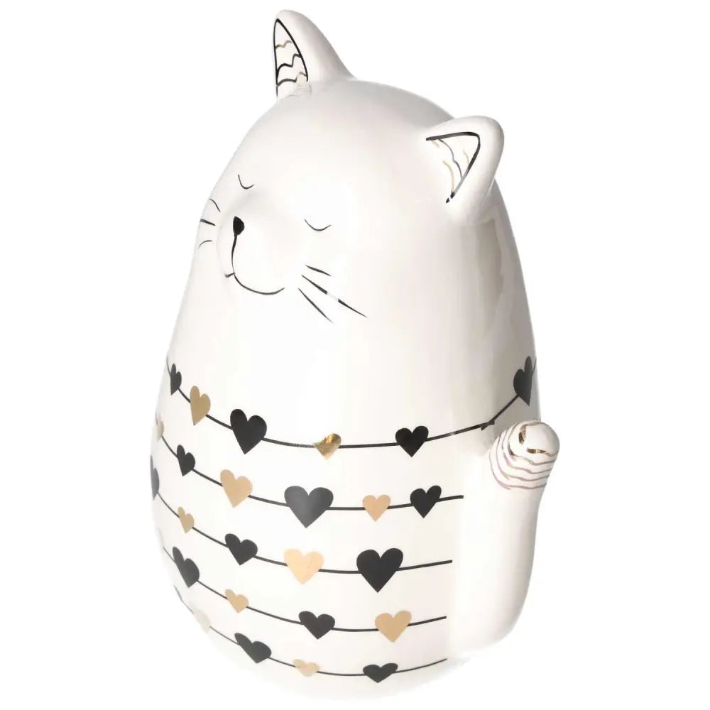 Elegant ceramic cat decoration featuring black and gold heart designs, reflecting harmony and luxury from Sylvia Crystals.