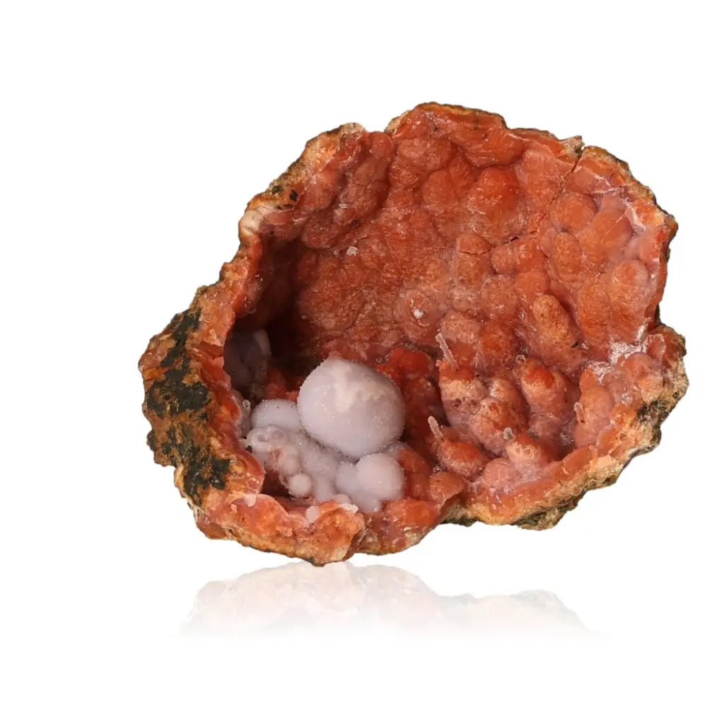 Vibrant Chalcedony Stalactite crystal with intricate red and white formations, embodying spiritual luxury from Sylvia Crystals.