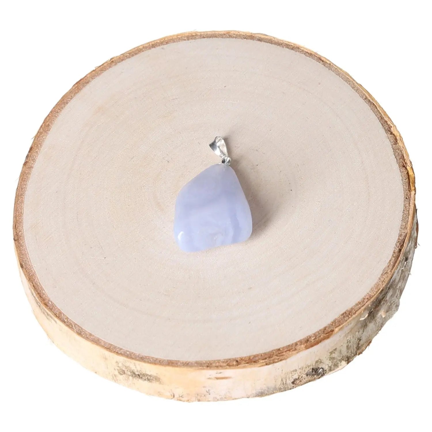 Chalcedony tumbled pendant with a smooth, polished surface on a wooden slab, showcasing its soothing blue hue and elegant design.