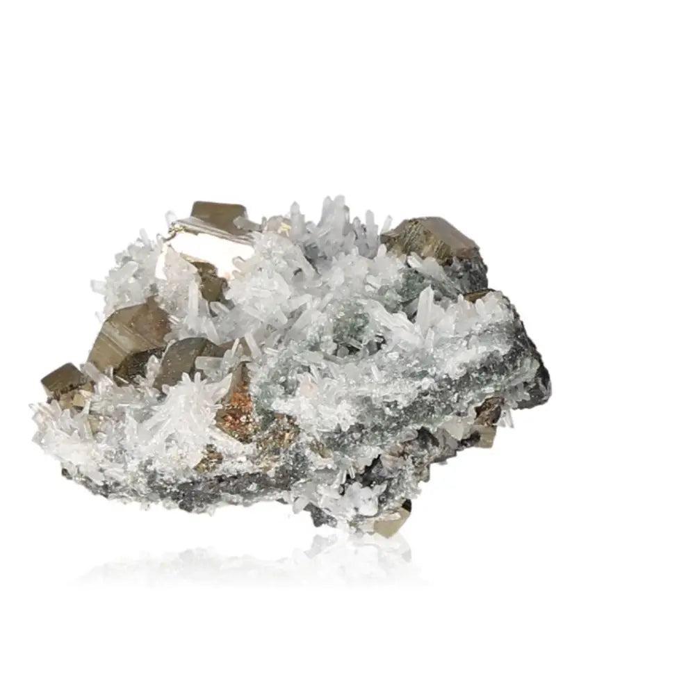 Chalcopyrite crystal with iridescent shimmer, enhancing well-being and self-confidence, against white background.