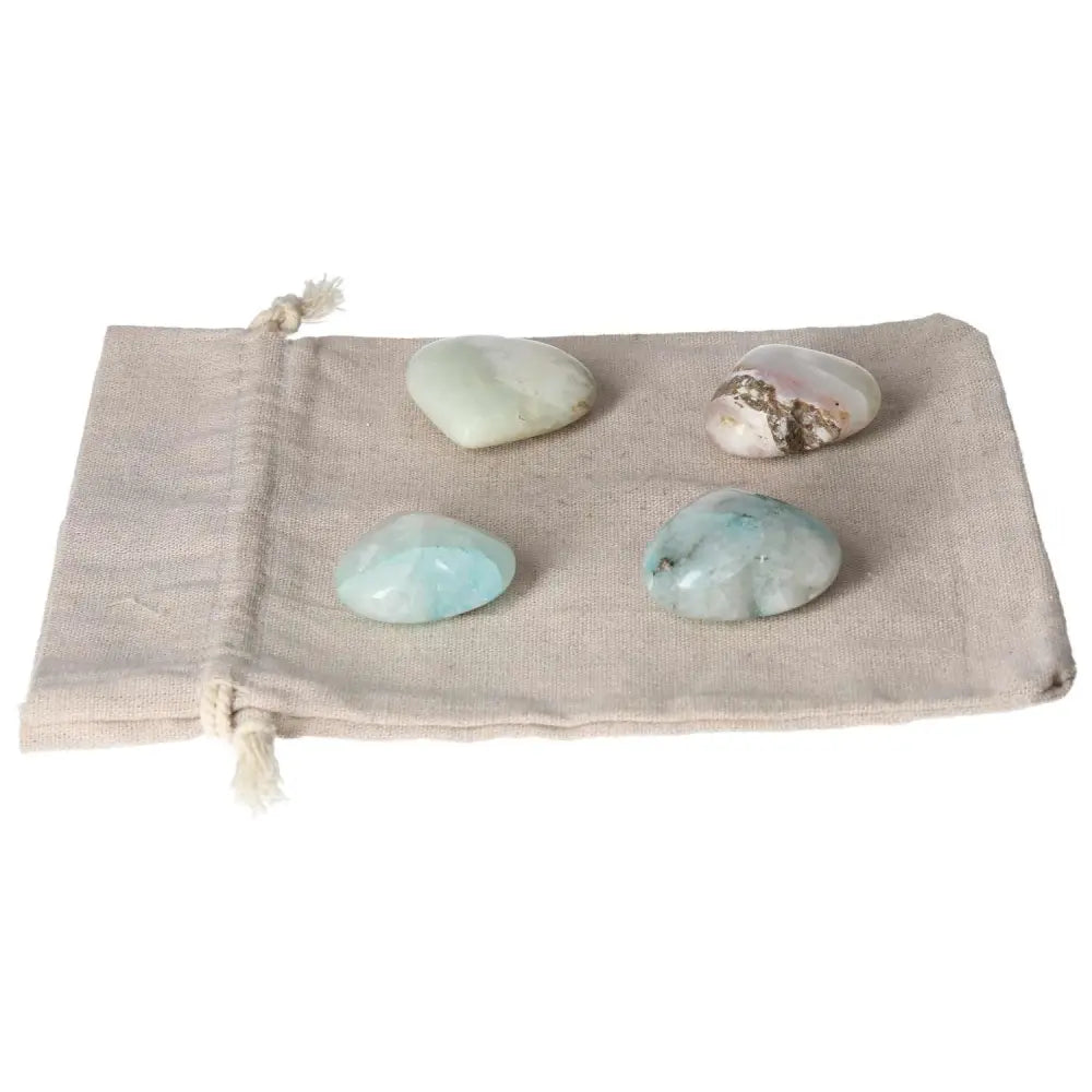Chrysocolla Heart S stones with linen pouch, enhancing communication and empowering feminine energy