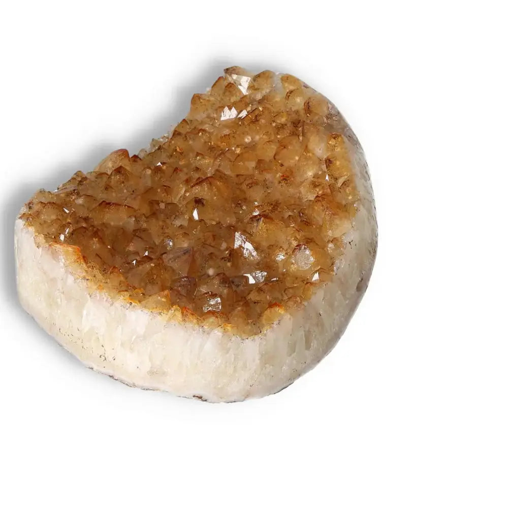 Alt Tag: Citrine Druze crystal from Sylvia Crystals, known for boosting inspiration and positivity, on a white background.
