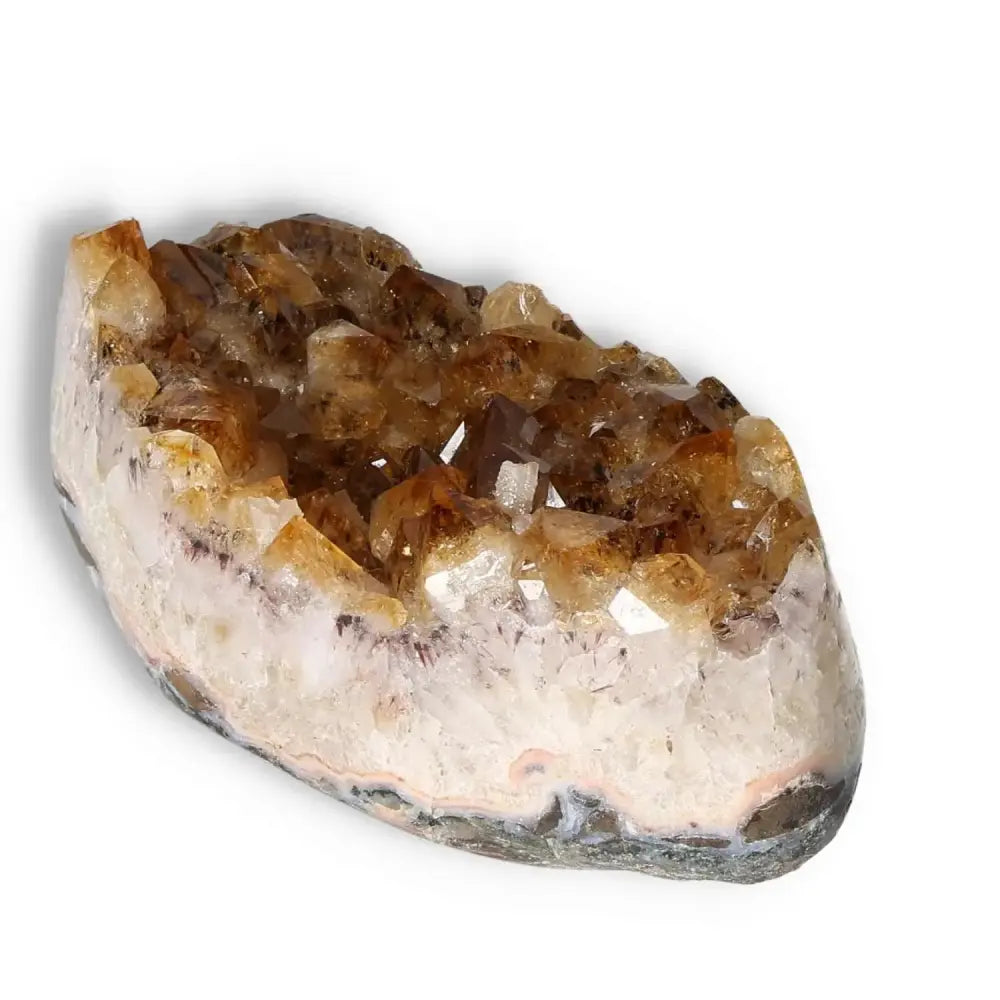 Exquisite Citrine Druze crystal from Sylvia Crystals, known for promoting positivity and motivation, enhancing enthusiasm in new ventures.