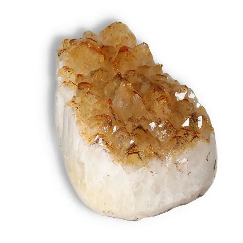 Citrine Druze crystal showcasing vibrant gold and white hues, enhancing inspiration and wealth, from Sylvia Crystals' premium collection.