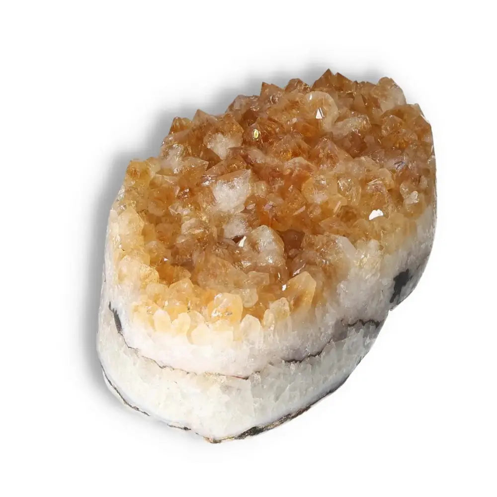 High-quality Citrine Druze crystal from Sylvia Crystals, known for inspiration and energy, featuring its natural golden texture and sparkle.