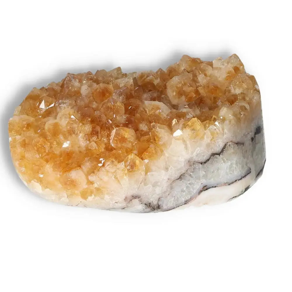 Citrine Druze crystal stone with vibrant orange and white hues from Sylvia Crystals, known for inspiring energy and new ventures.