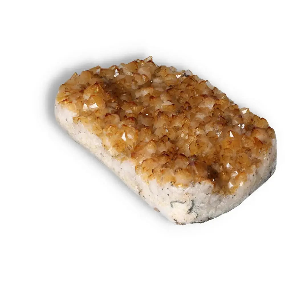 Citrine Druze crystal from Sylvia Crystals, a vibrant gemstone known for inspiring positivity and action, luxury mineral specimen.