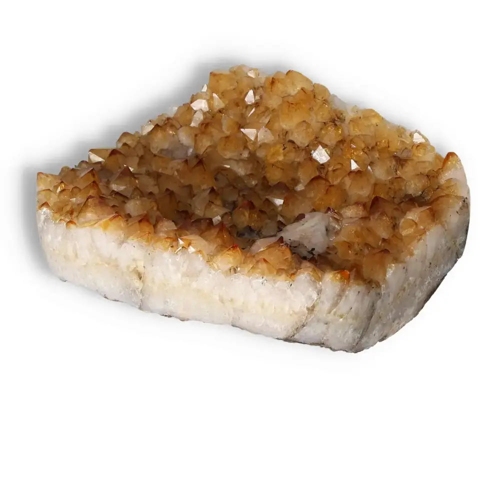Citrine druze with calcite, a luxury Sylvia Crystals gemstone reflecting spirituality and contemporary design, stimulating nature's essence.