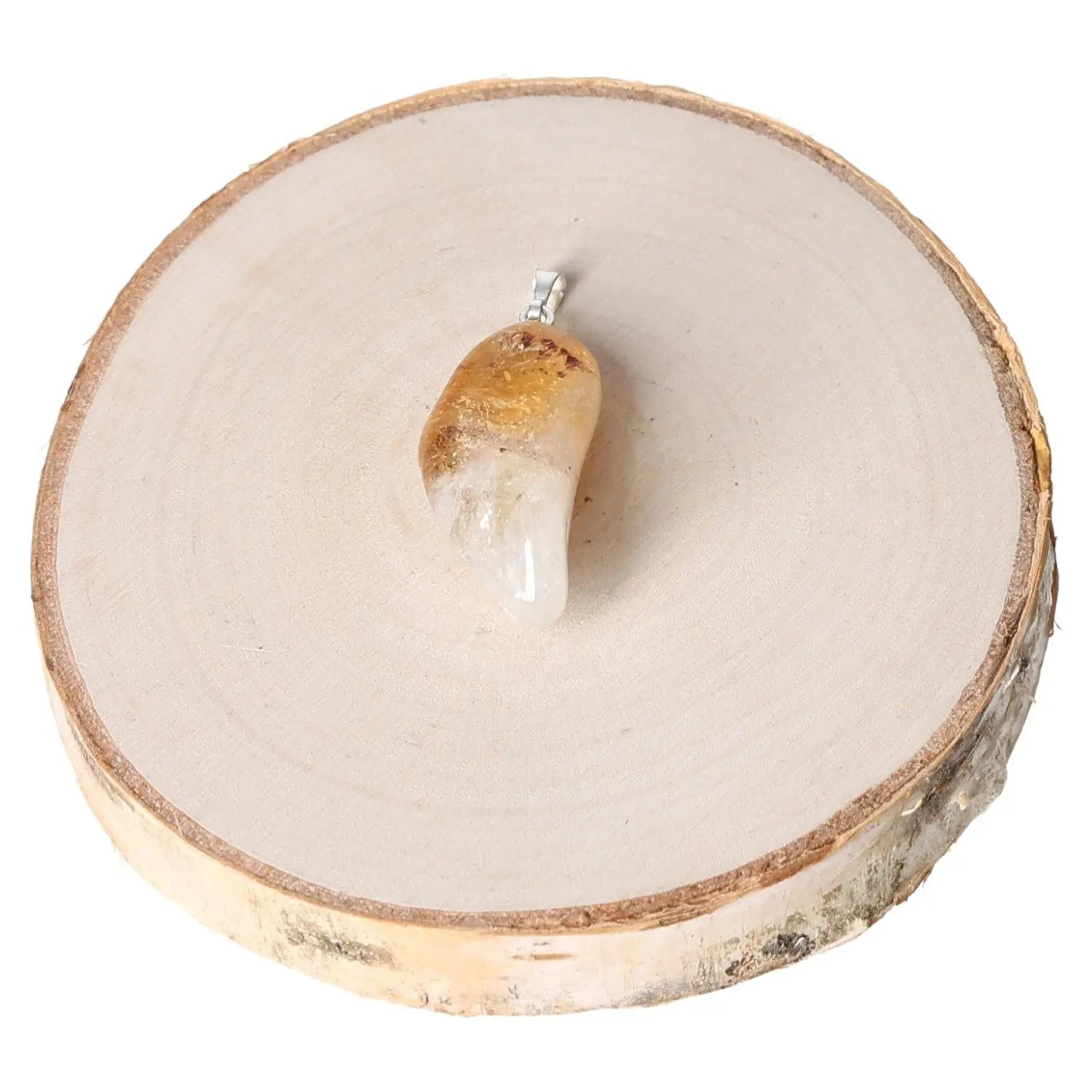 Citrine Quartz AA Tumbled Pendant on wood slice, showcasing its sunny hue and elegant design