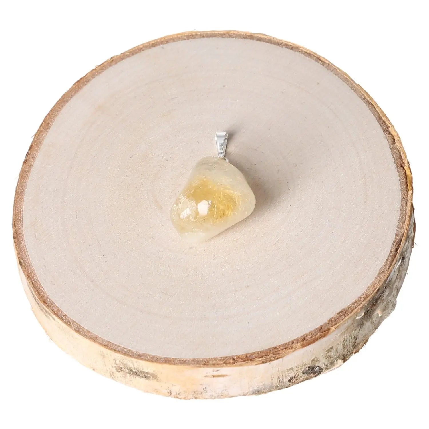 Citrine Tumbled Pendant with genuine crystal on natural wood, radiating positivity and abundance, captures golden glow and natural beauty.