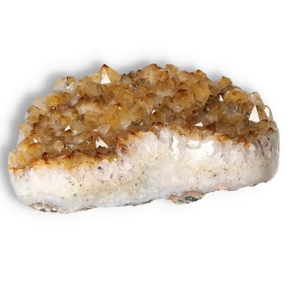 Citrine druze crystal from Sylvia Crystals, showcasing vibrant energy and brilliance, symbolizing prosperity and abundance.