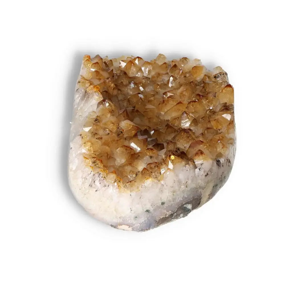 Vibrant Citrine druze crystal from Sylvia Crystals, symbolizing prosperity and abundance, with a rich golden hue and sparkling facets.