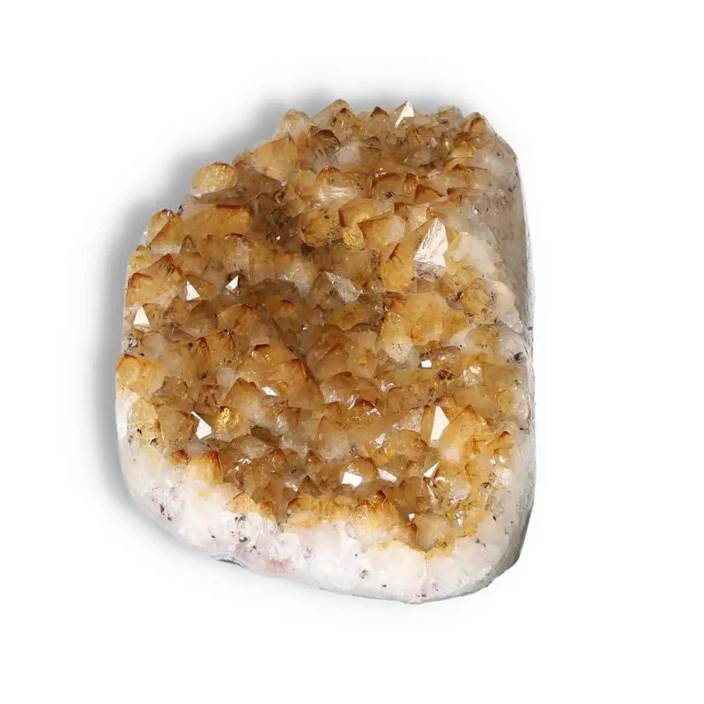 Citrine druze gemstone from Sylvia Crystals, showcasing vibrant colors and sparkling facets, symbolizing prosperity and abundance.