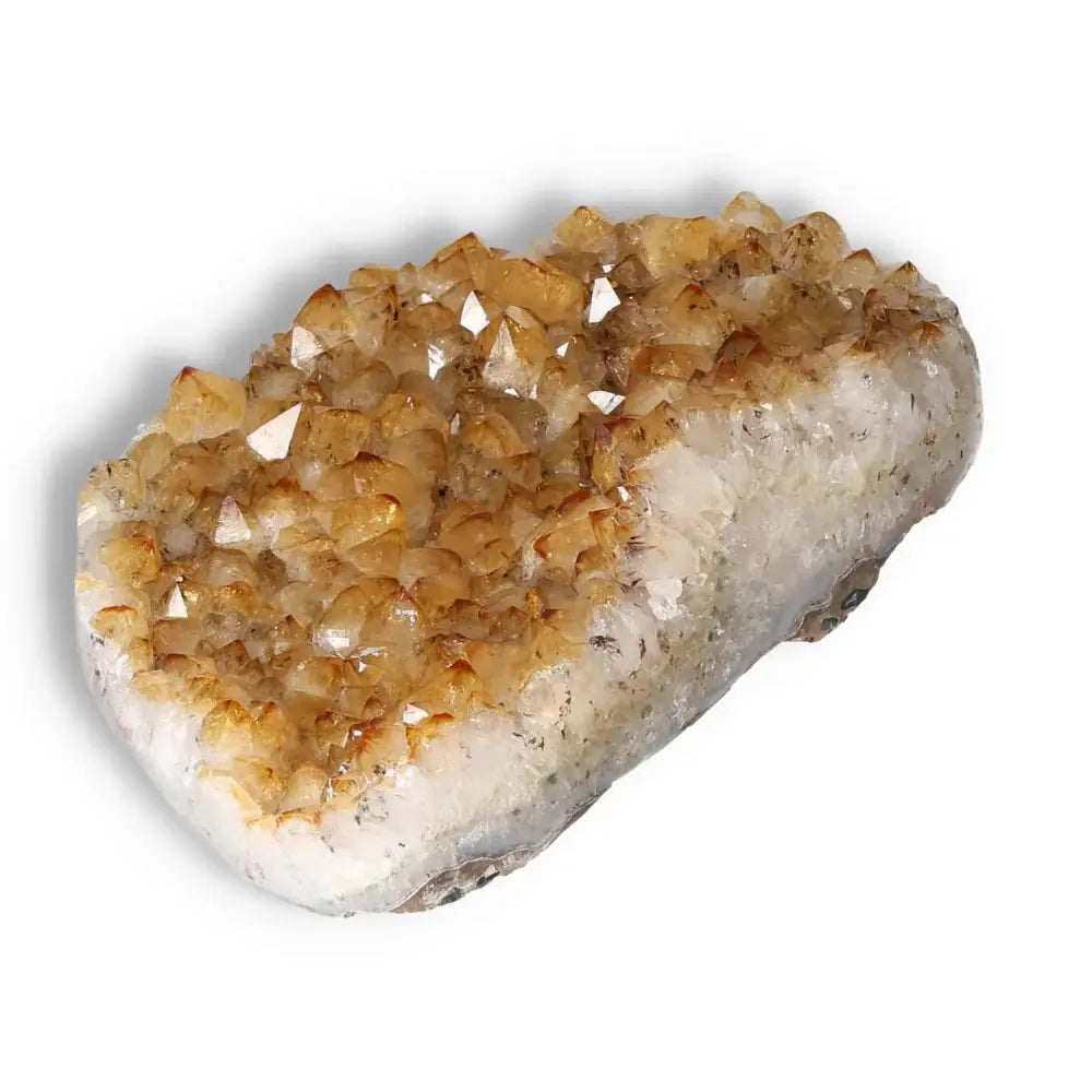 Exquisite Citrine druze crystal from Sylvia Crystals, known for its vibrant energy and prosperity, showcasing golden hues.