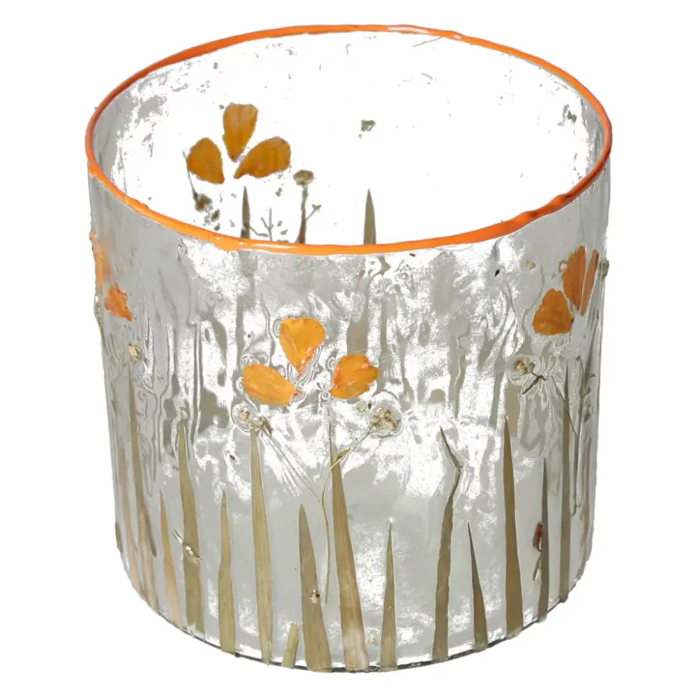 Clear candle holder with dried flower motif, 15x15x15 cm, elegant design by Sylvia Crystals.