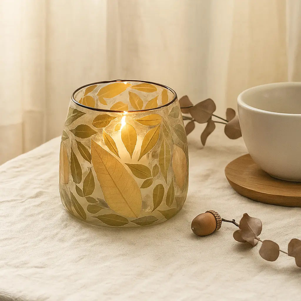 Clear Candle Holder with Leaf Motif 15x15x15 cm – Elegant Design and Serene Glow Sylvia Crystals Sp. z o.o.