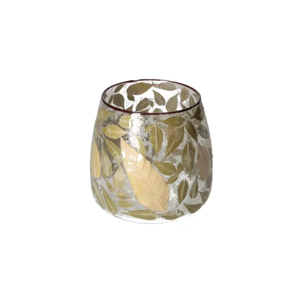Clear candle holder with intricate leaf motif design by Sylvia Crystals, measuring 15x15x15 cm, showcasing elegant aesthetic details.