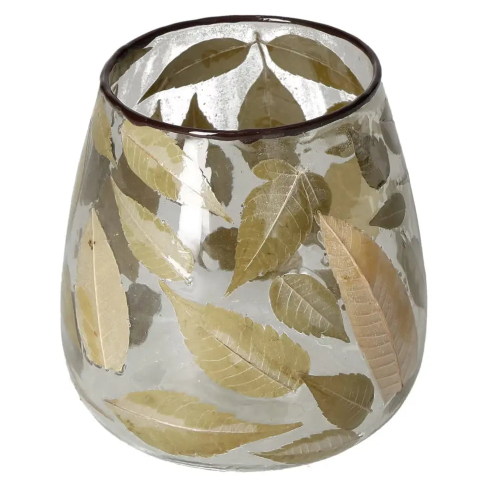 Elegant clear candle holder with a leaf motif, featuring nature-inspired design on a cylindrical glass surface from Sylvia Crystals.