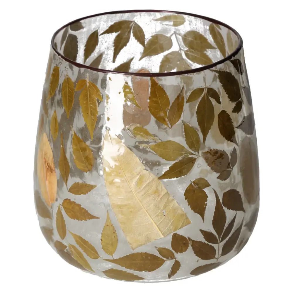 Clear candle holder with elegant leaf motif, 20x20x20 size, featuring luxury design by Sylvia Crystals for a sophisticated touch.
