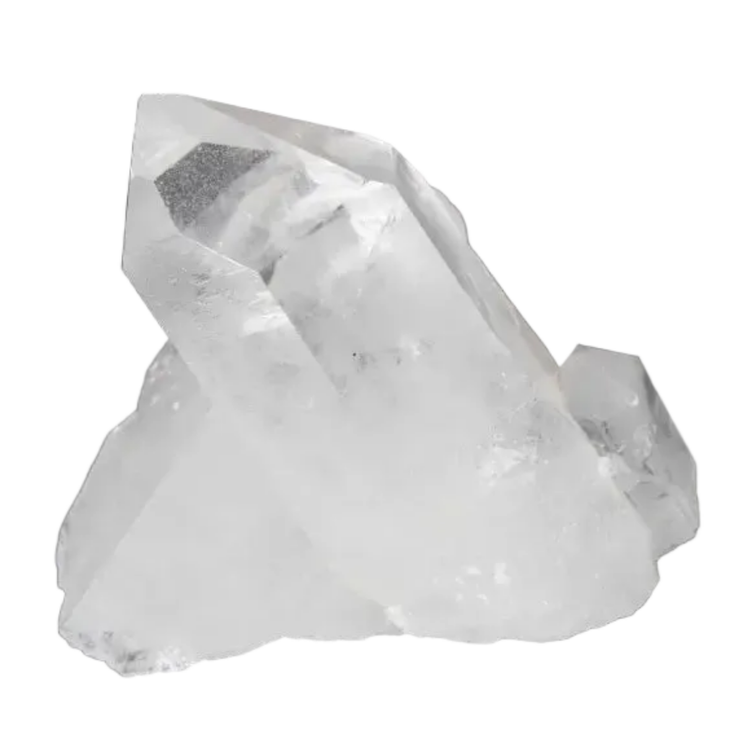 Clear Quartz Cluster on black background showcasing natural crystal points and clarity.