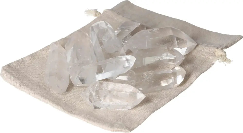 Clear Quartz Double Points – 1 KG pack of 10 in a burlap pouch, ideal for purification, harmonizing energy, and neutralizing negativity.